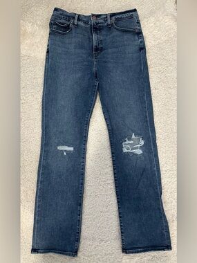 Express 90’s Slim Super High Rise Distressed Dark Blue Jeans